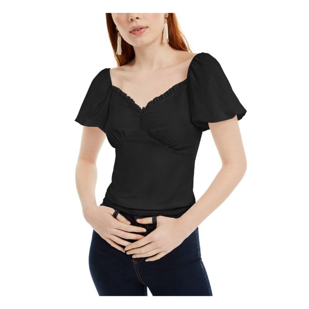 Kit + Sky Womens Black Short Sleeve V Neck Top Juniors XS